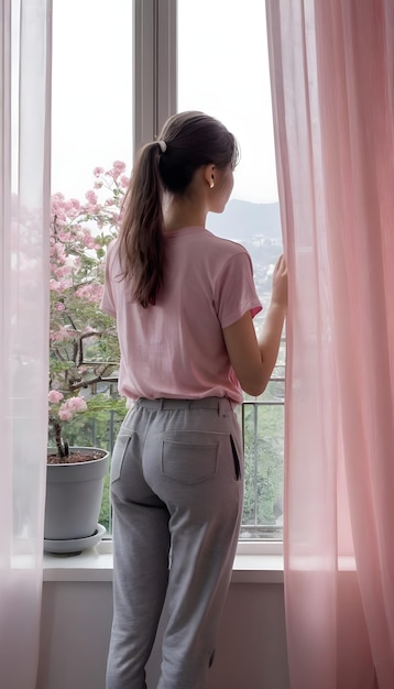 donna in vestito rosa che guarda attraverso la finestra