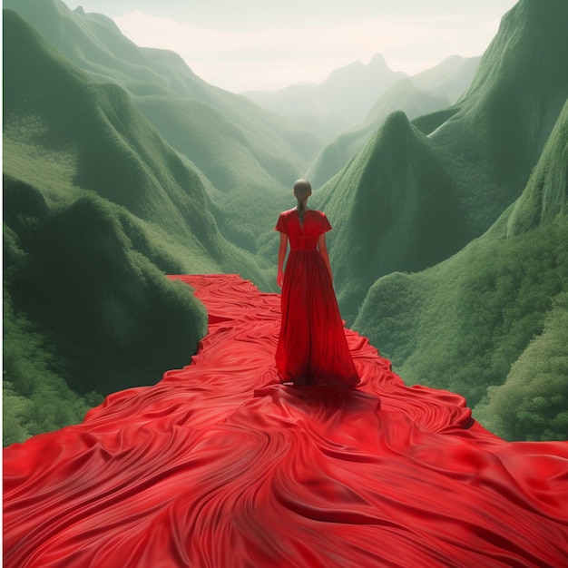 Donna in vestito rosso che cammina sul percorso di montagna rosso rendering 3d