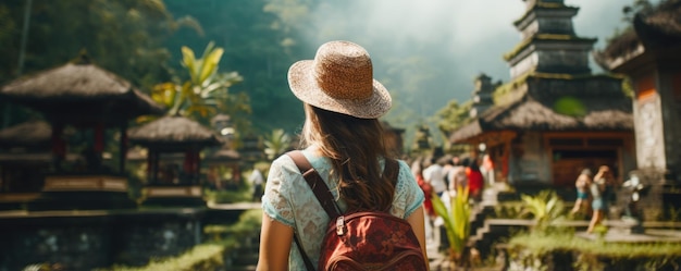 Donna in viaggio con zaino a Bali, Indonesia Paesaggio naturale Generativo ai