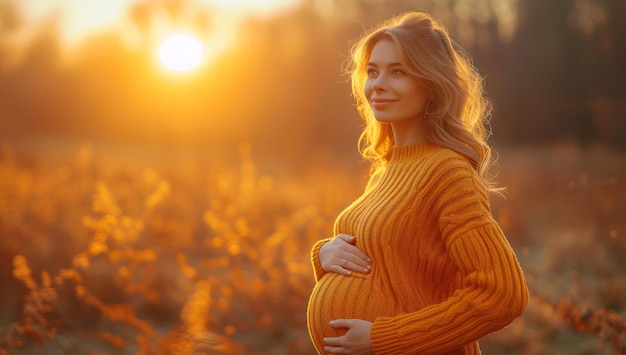 Donna incinta che indossa un maglione arancione al tramonto, primo piano estremo, IA generativa