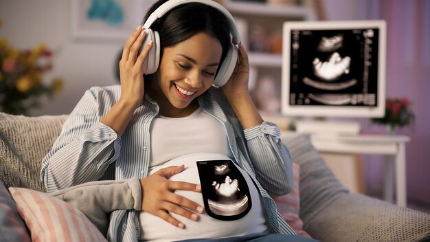 Donna incinta con foto a ultrasuoni che si mette le cuffie con la musica sulla pancia