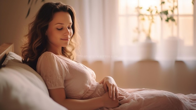 Donna incinta con IA generativa seduta su un letto a casa