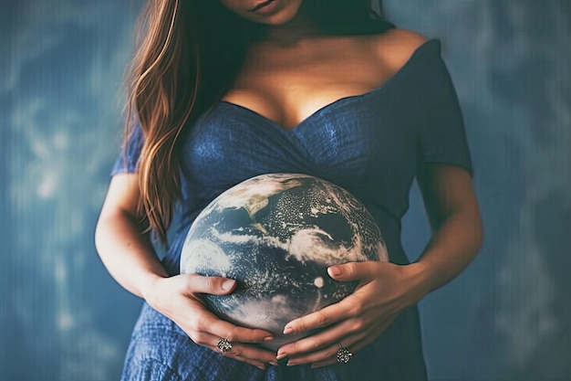 Donna incinta con un globo nelle mani il concetto di una nuova vita sul pianeta