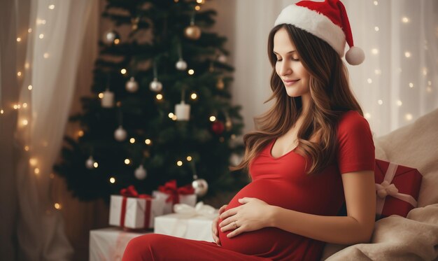 Donna incinta in abito che si tocca la pancia sullo sfondo dell'albero di Natale