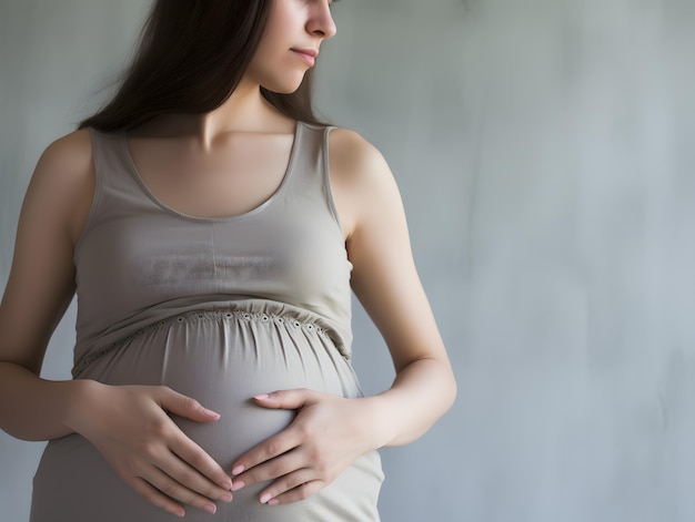 Donna incinta in abito grigio tiene le mani sulla pancia su uno sfondo bianco