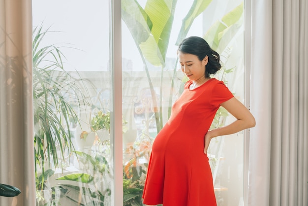Donna incinta in piedi contro la finestra
