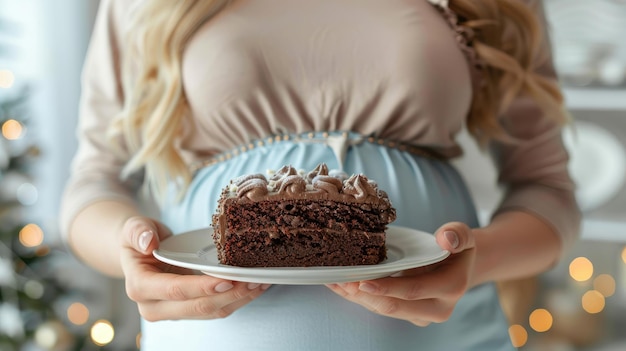 Donna incinta in possesso di una fetta di torta al cioccolato con glassa bianca in un ambiente festivo