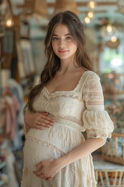 donna incinta in un vestito d'estate leggero in un negozio di bambini