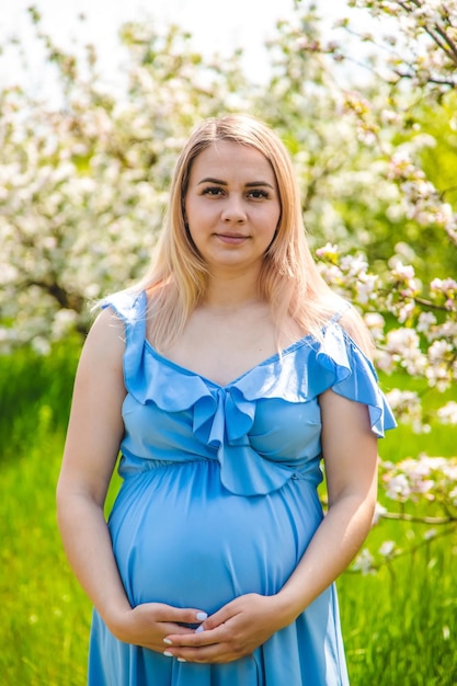 Donna incinta nel giardino di alberi di mele in fiore Messa a fuoco selettiva