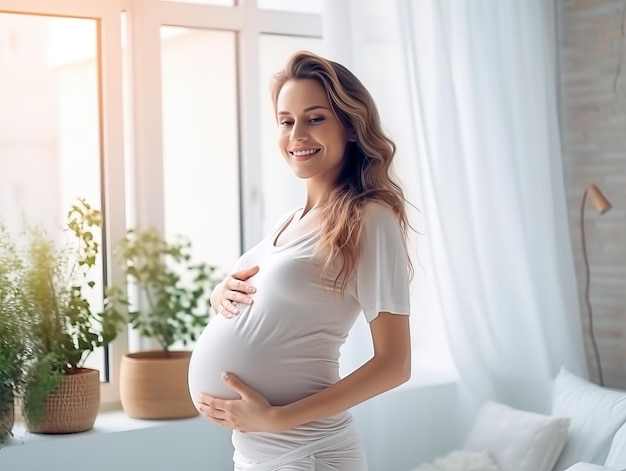 Donna incinta sorridente in una stanza con finestra