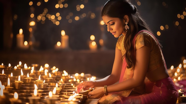 Donna indiana che accende le candele al festival Diwali Cartolina d'auguri del festival Diwali