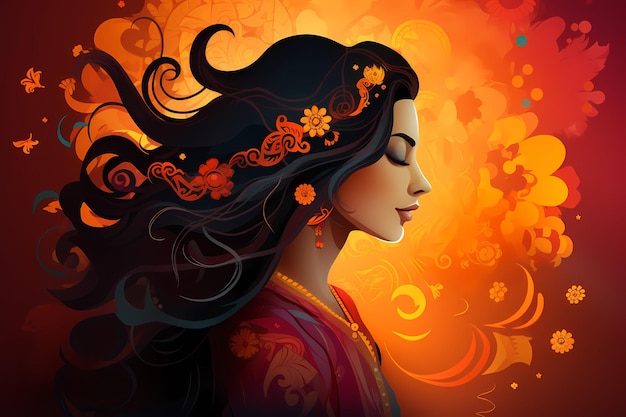 Donna indiana che celebra Diwali illustrazione dinamica espressiva a colori caldi