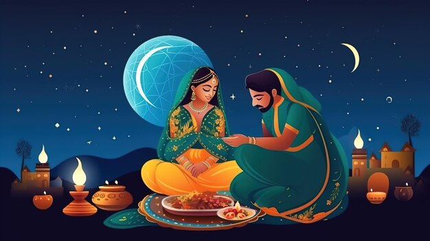 Donna indiana che esegue il rituale del festival sposato indù di Karwa Cahuth che guarda la luna attraverso l'illustrazione del setaccio