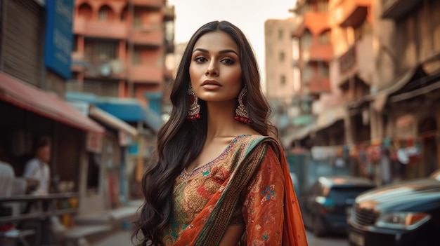 Donna indiana che indossa abiti tradizionali ornati con gioielli intricati che sorride con grazia Generato dall'intelligenza artificiale