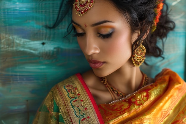 Donna indiana che indossa un vibrante sari tradizionale