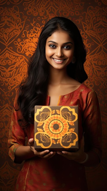 Donna indiana che tiene la scatola regalo Diwali