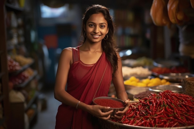Donna indiana che vende verdure al mercato locale delle verdure