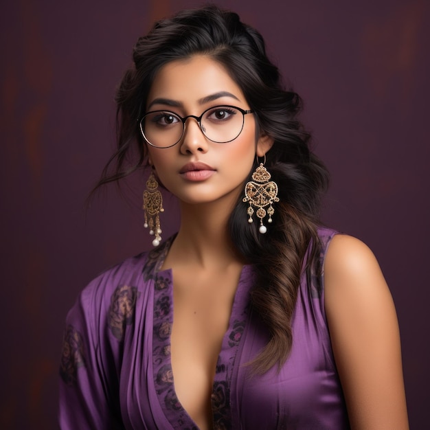 Donna indiana con occhiali su sfondo viola