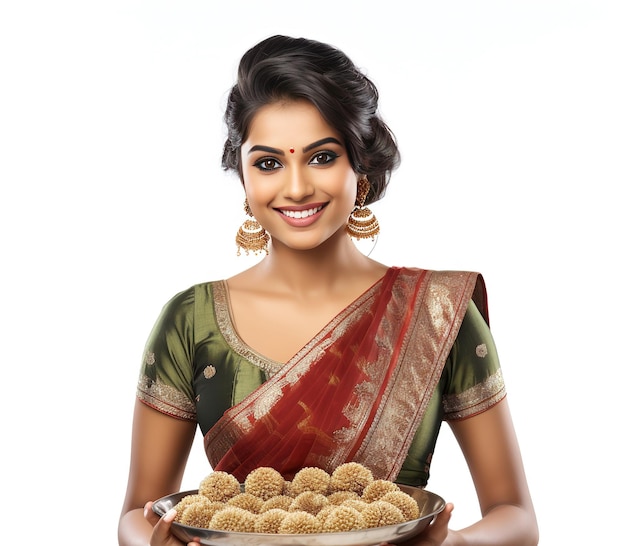 Donna indiana con un piatto dolce per festeggiare
