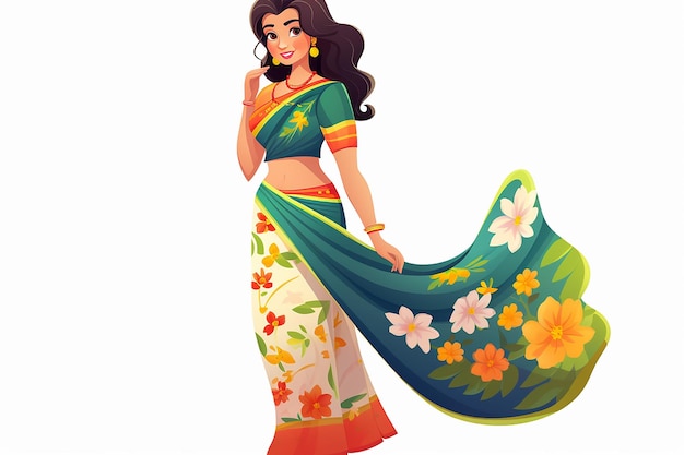 Donna indiana con un saree a disegno piatto a motivi floreali su sfondo bianco