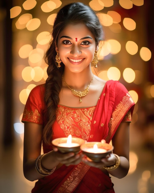 Donna indiana con una lampada ad olio in mano che celebra un festival tradizionale