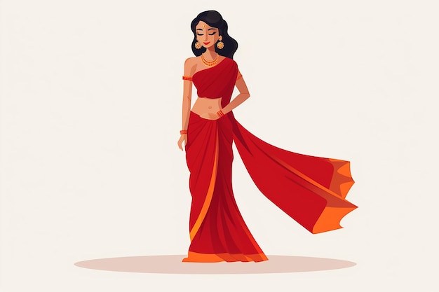 Donna indiana in saree rosso illustrazione vettoriale isolata su sfondo bianco disegno piatto