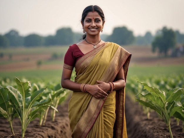 Donna indiana in saree tradizionale in un campo agricolo