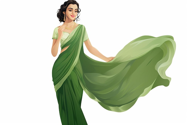 Donna indiana in saree verde illustrazione vettoriale isolata su sfondo bianco disegno piatto