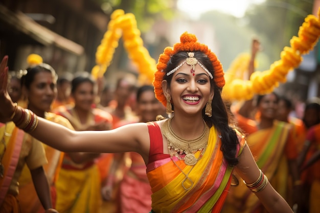 Donna indiana non identificata in saree che balla alla festa di Holi