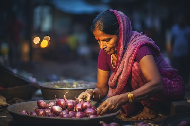 Donna indiana rurale in saree tradizionale al mercato delle verdure