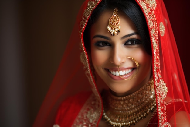 donna indiana vestita di rosso nuziale tradizionale sullo sfondo in stile bokeh