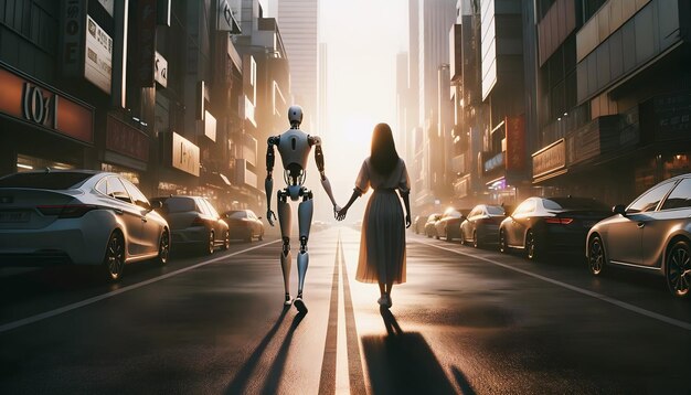 Donna innamorata del robot Ai robot futuristico concetto di romanticismo sfondo relazione robot umano