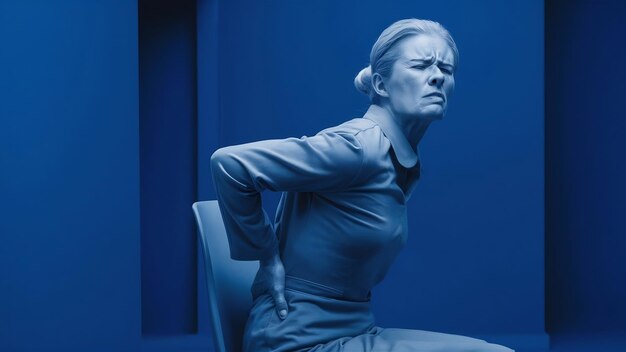 Donna insoddisfatta seduta su una sedia con mal di schiena su uno sfondo blu