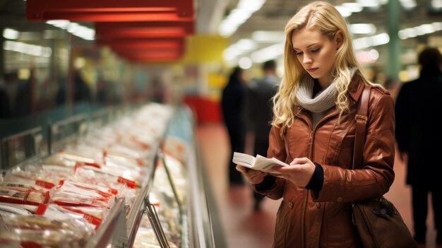 Donna intelligente che compara attentamente i prodotti per i prezzi nutrizionali e gli ingredienti