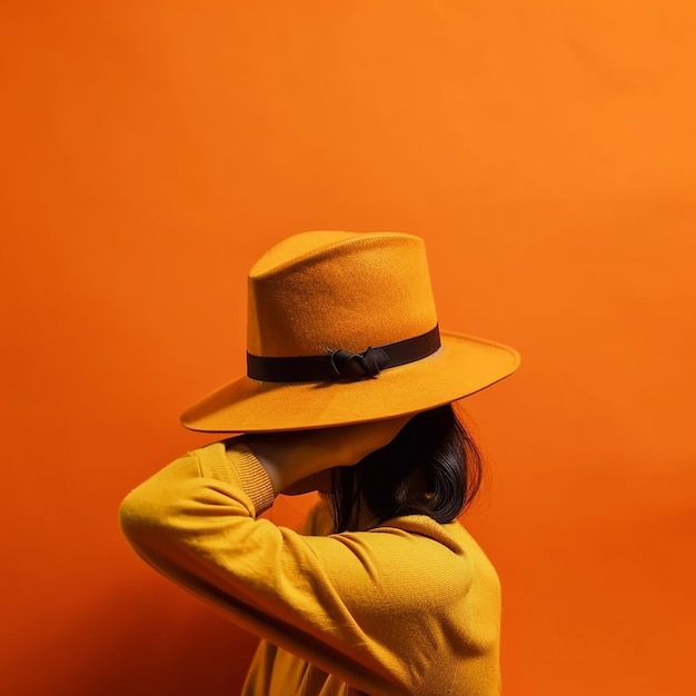 Donna irriconoscibile che indossa un cappello Donna giocosa che copre il viso con il cappello Ragazza nasconde il viso dietro il cappello Donna irriconoscibile al muro giallo