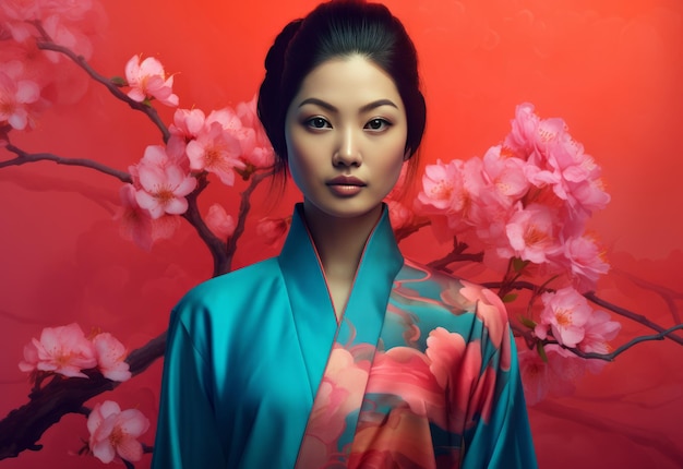 donna kimono giapponese e fiori di ciliegio