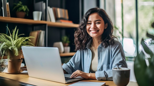 donna latina con i capelli ricci che celebra il suo successo commerciale davanti a un laptop