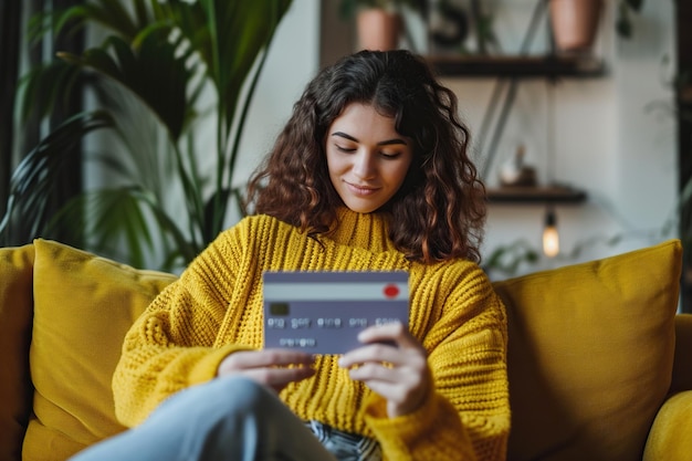 Donna latina con un maglione giallo seduta sul divano giallo a casa e che compra online con la carta di credito.