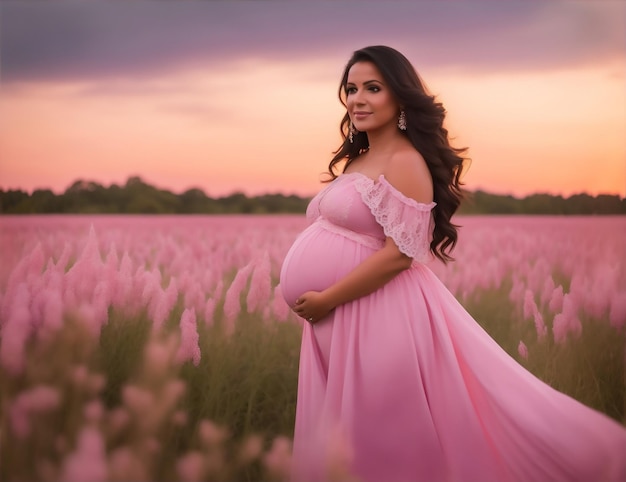 Donna latina incinta in posa in un campo di fiori