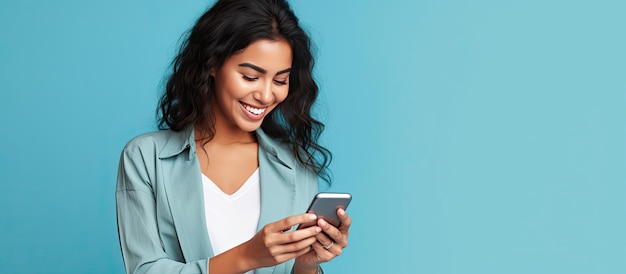 Donna latina shopping online sul cellulare guardando da parte isolato su sfondo blu