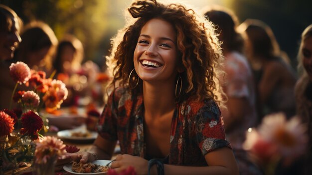 Donna latina sorridente felice in compagnia dei suoi amici