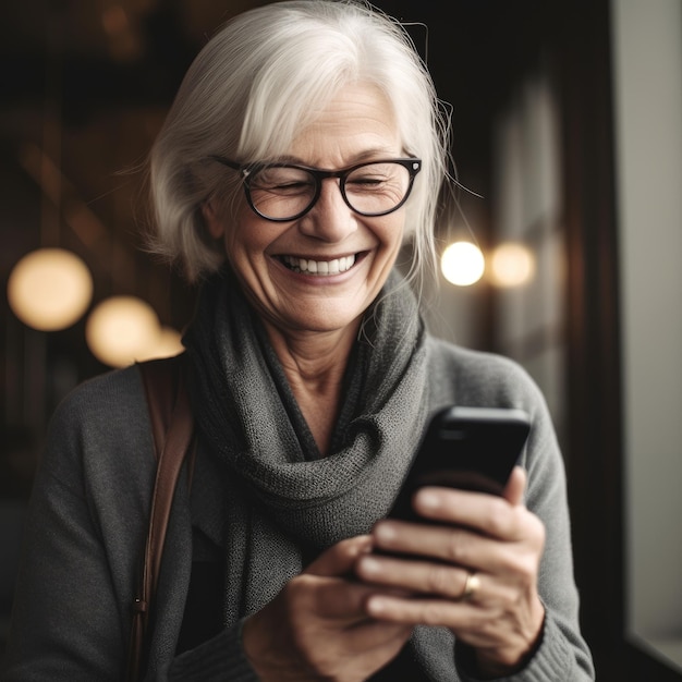 Donna maggiore che sorride allo smartphone