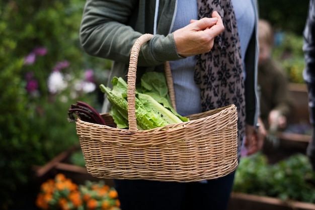 Donna maggiore che trasporta un cestino con le verdure