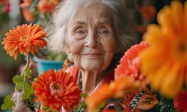 Donna maggiore con le margherite della gerbera che sorride