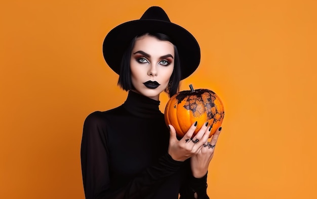 Donna mago che indossa un costume nero e magia di Halloween AI Generativa