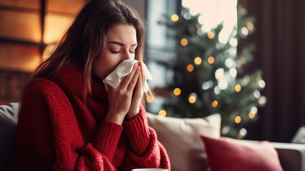 Donna malata che soffia il naso in una fredda giornata invernale