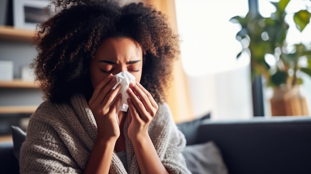 Donna malata che soffia il naso in una fredda giornata invernale