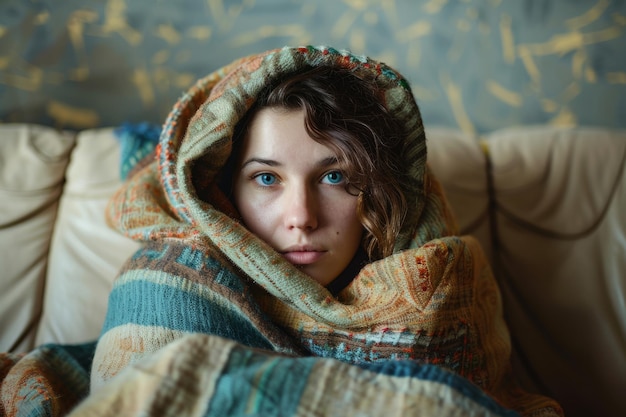 Donna malata coperta da una coperta calda seduta sul divano nel soggiorno starnutendo con il naso con un tovagliolo AI generativa