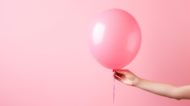 donna mano che tiene palloncino rosa su sfondo pastello