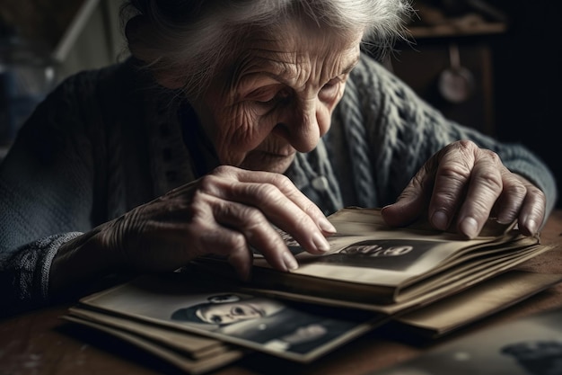 Donna matura che guarda un album di foto con foto olpd IA generativa